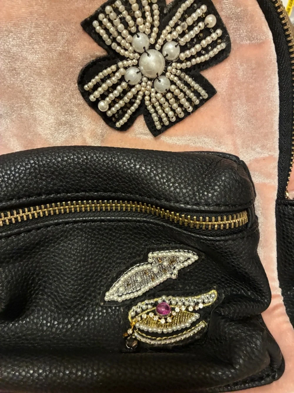 Pink‎ Velvet and Black Mini Backpack with Decorative Accents